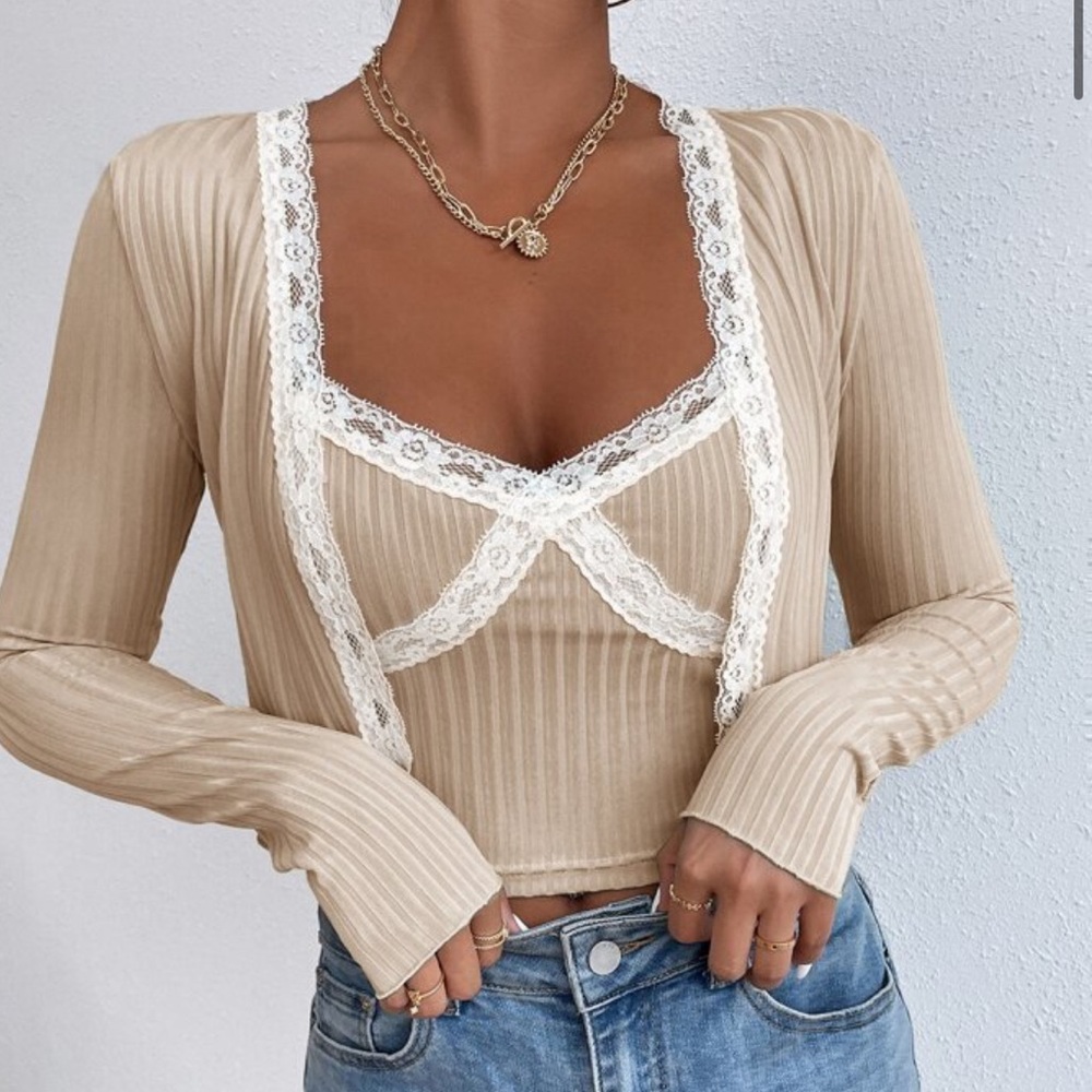 Beige Lace Trim Ribbed Top